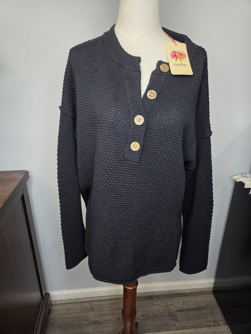 Entro Black awaffle-knit Henley Sweater, Size S